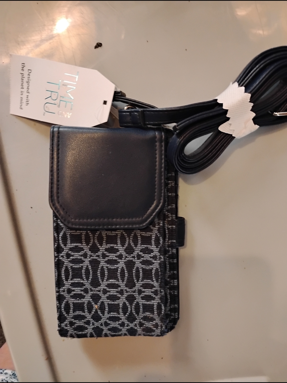 Time and Tru Black Crossbody Phone Pouch with Geometric Fabric
